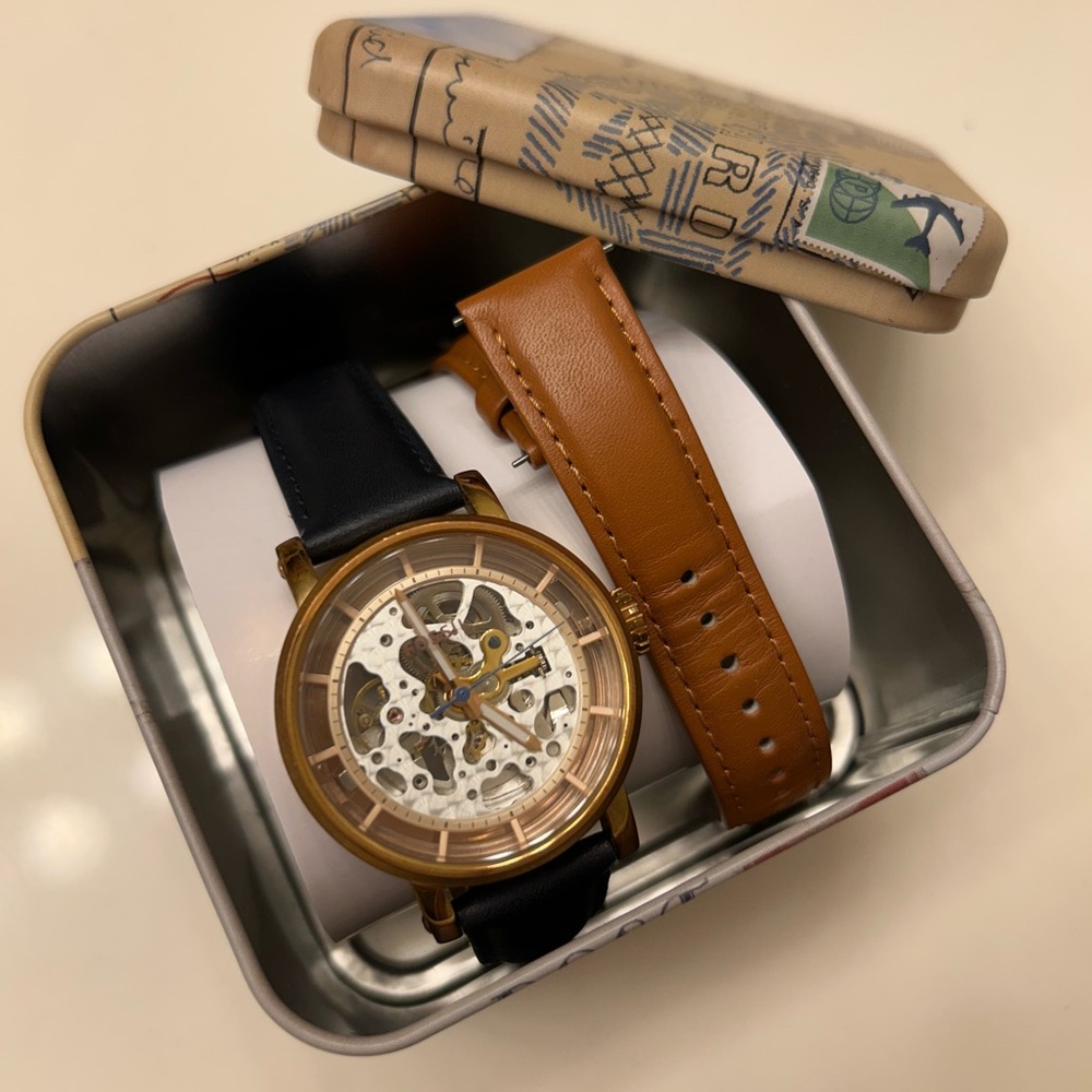 Fossil Mechanical Skeleton Watch with Navy and Tan Straps